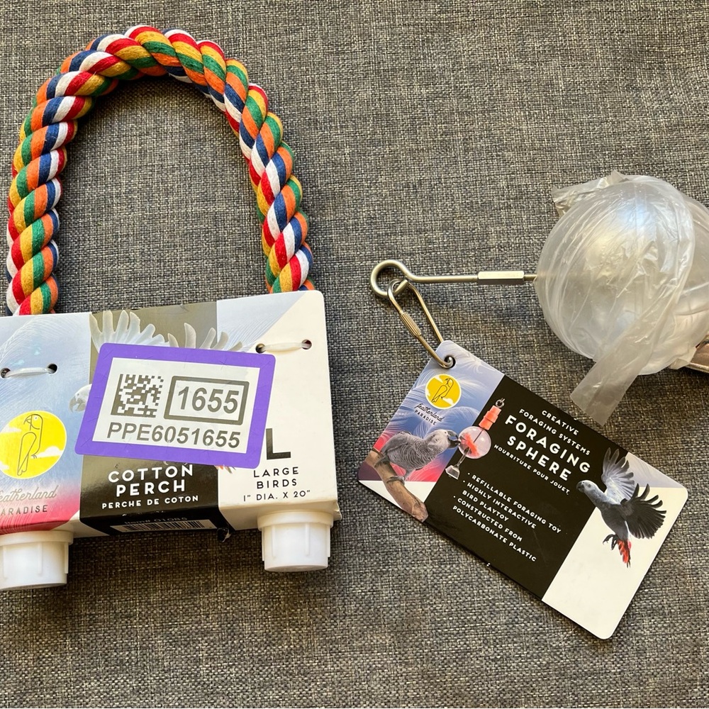 NEW large bird accessories — cotton bird perch and foraging sphere